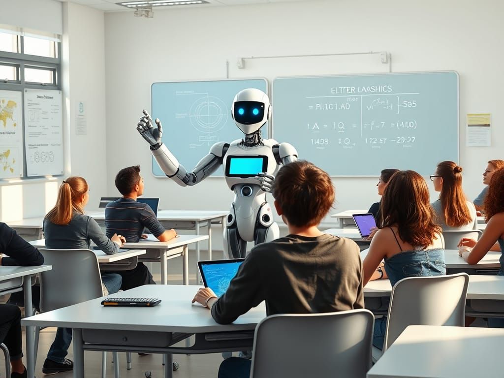 Futuristic Classroom Scene with Robot Teacher