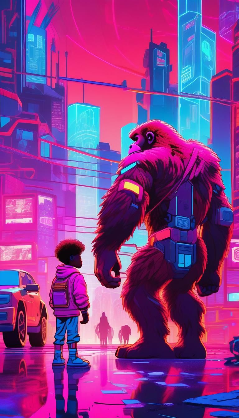 Cyberpunk Ape and Tech Kid in Comic Style