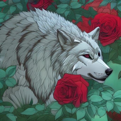 White Wolf Moon Fantasy Art Among Roses