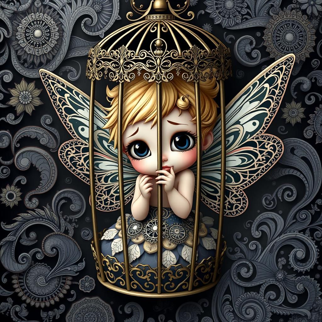 Fairy in Cage with Sorrowful Eyes, Digital Art
