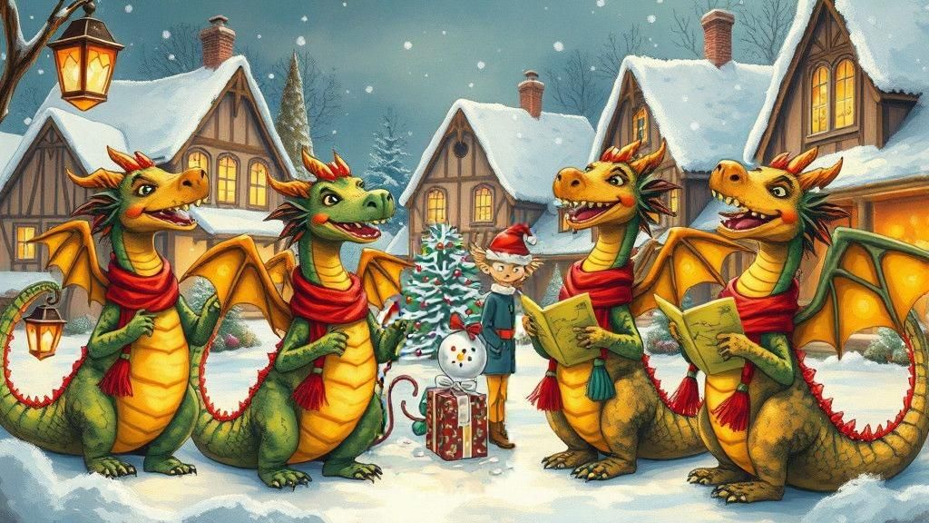 Christmas Caroling Dragons in Snowy Village