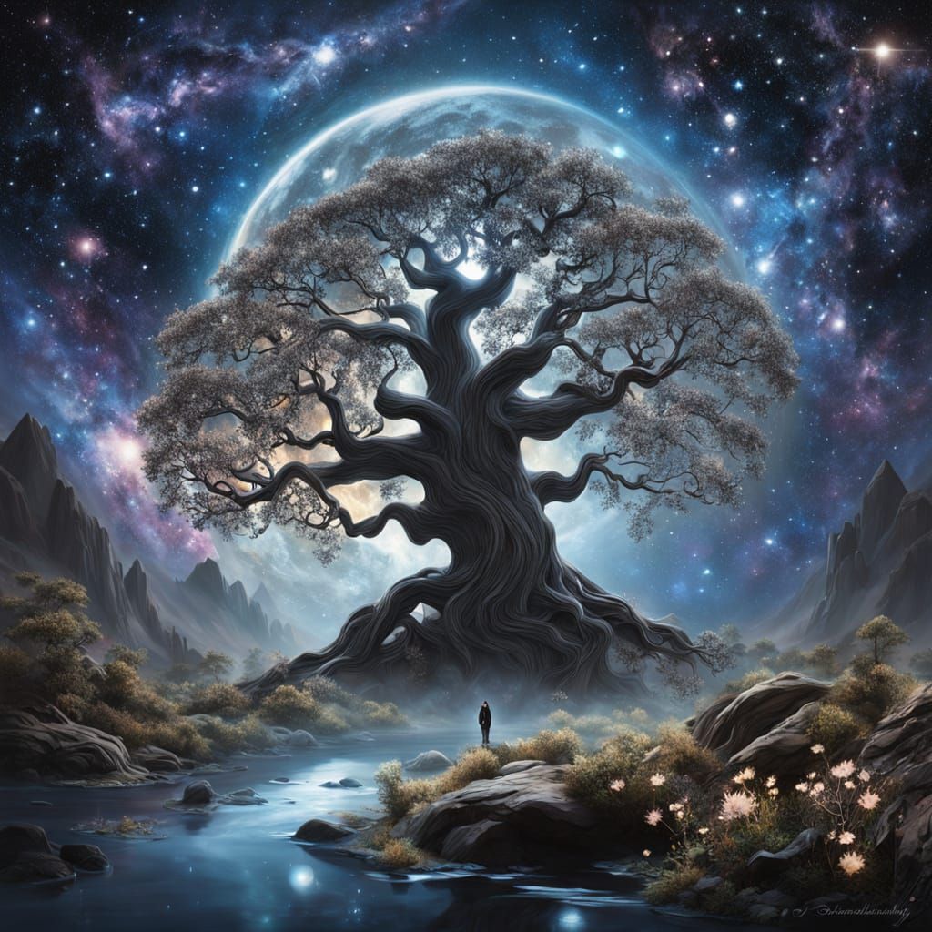 Celestial Grove: Ancient Tree Guardian of Nascent Galaxy