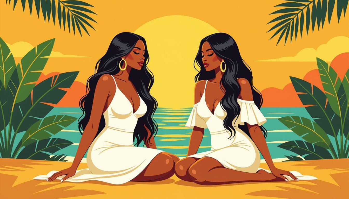 Tropical Women Illustration in Vintage Digital Art Style