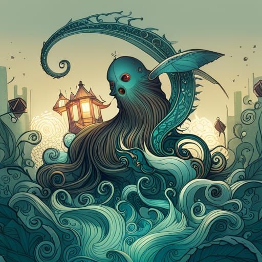 Luminous Kraken with Golden Outlines in Digital Painting