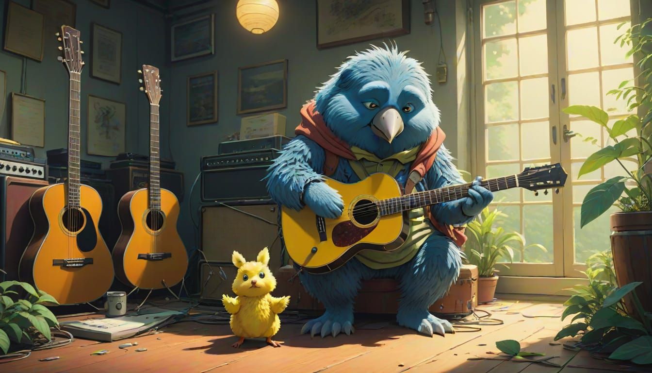 Mouse and Bird with Guitar in Ghibli Style