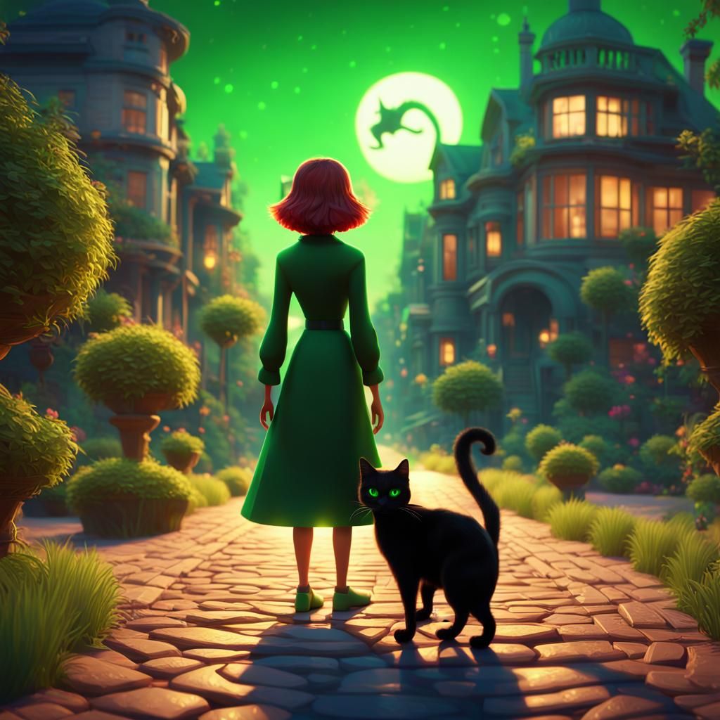 Woman and Black Cat in Pixar-Style Digital Art