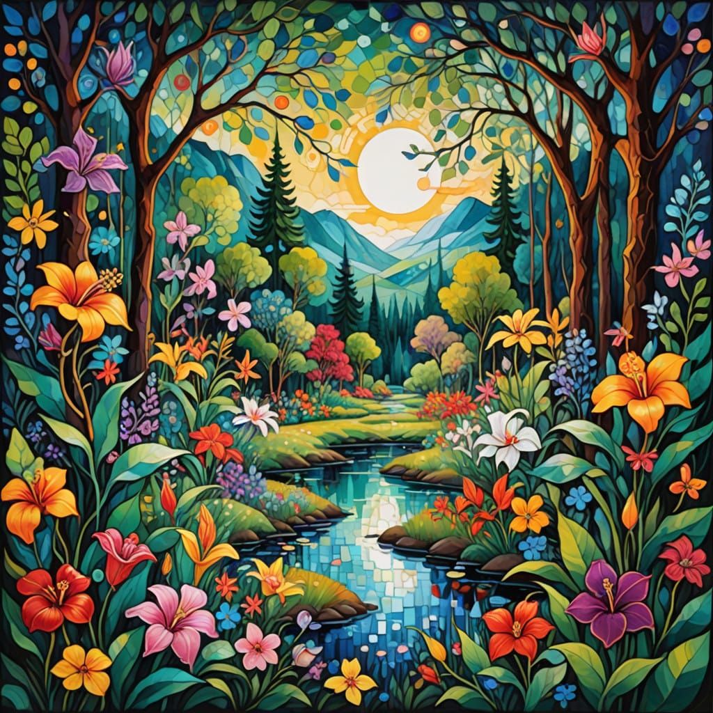 Whimsical Art Nouveau Landscape with Exotic Blooms