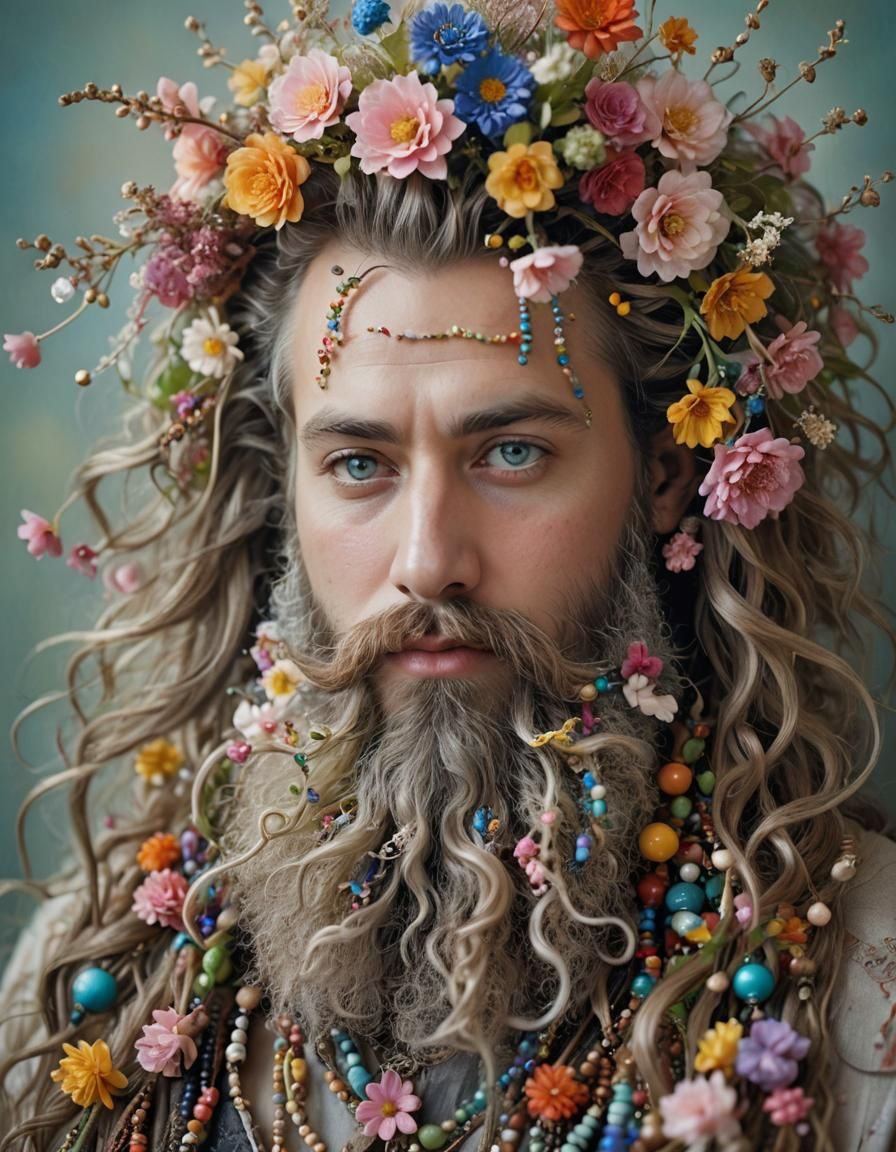 Whimsical Beard with Colorful Ornaments in Surreal Oil Paint...
