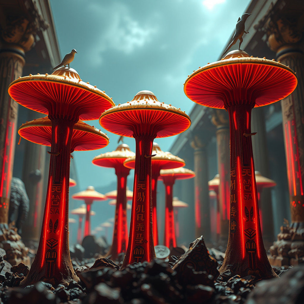 Glowing Mushrooms on Egyptian Pillars: Fantasy Concept Art