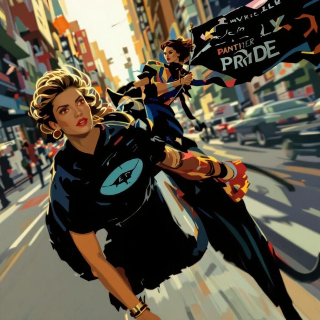 Woman Riding a Panther with Flag in Syd Mead Style