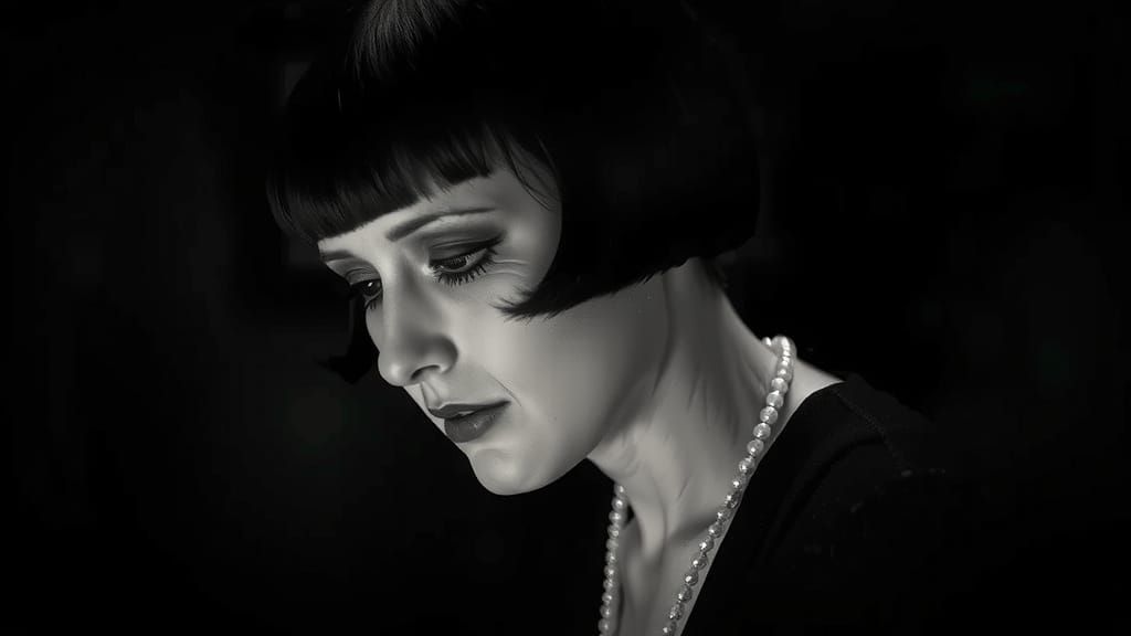 Cinematic film still, extreme close-up, A 1920s flapper star...