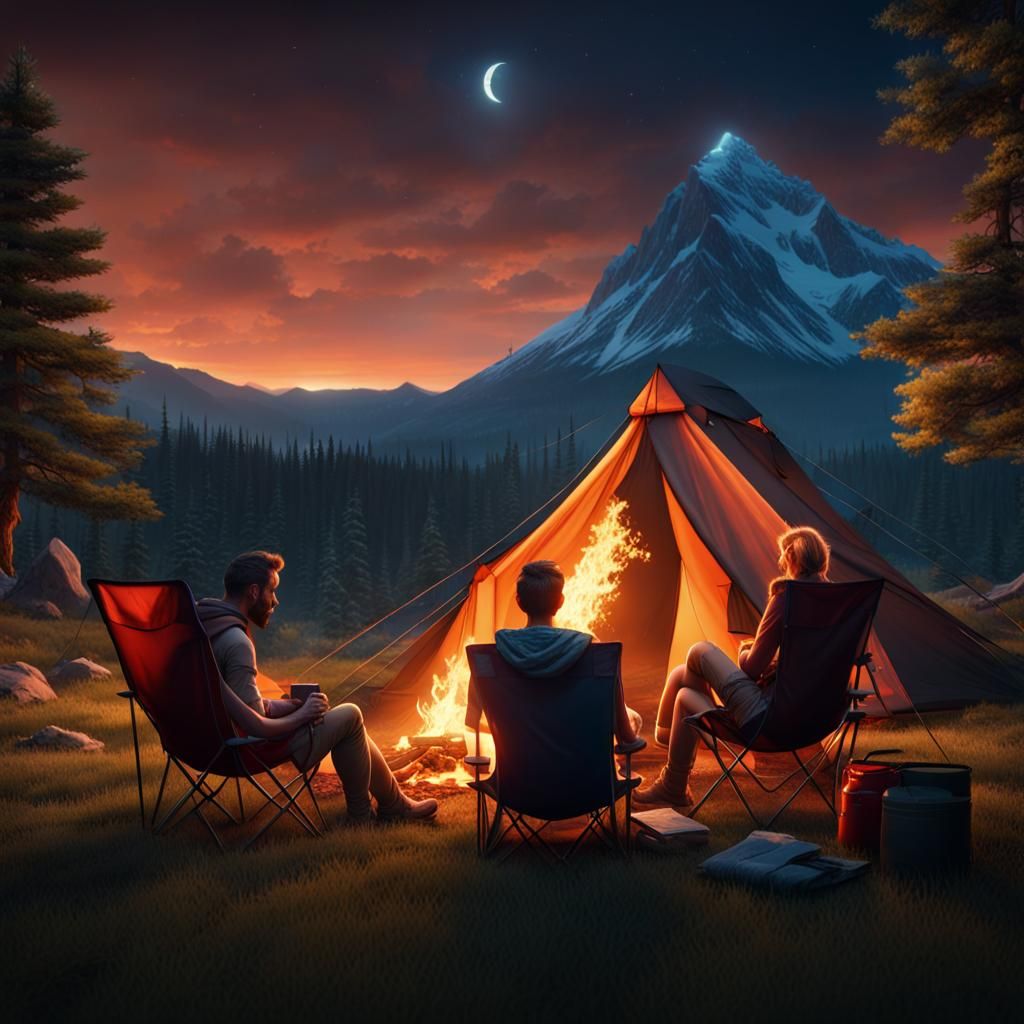 Glowing Tent Campfire in Mountain Landscape
