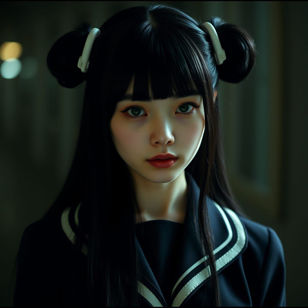 Ghostly Schoolgirl Supervillain in Cinematic Style
