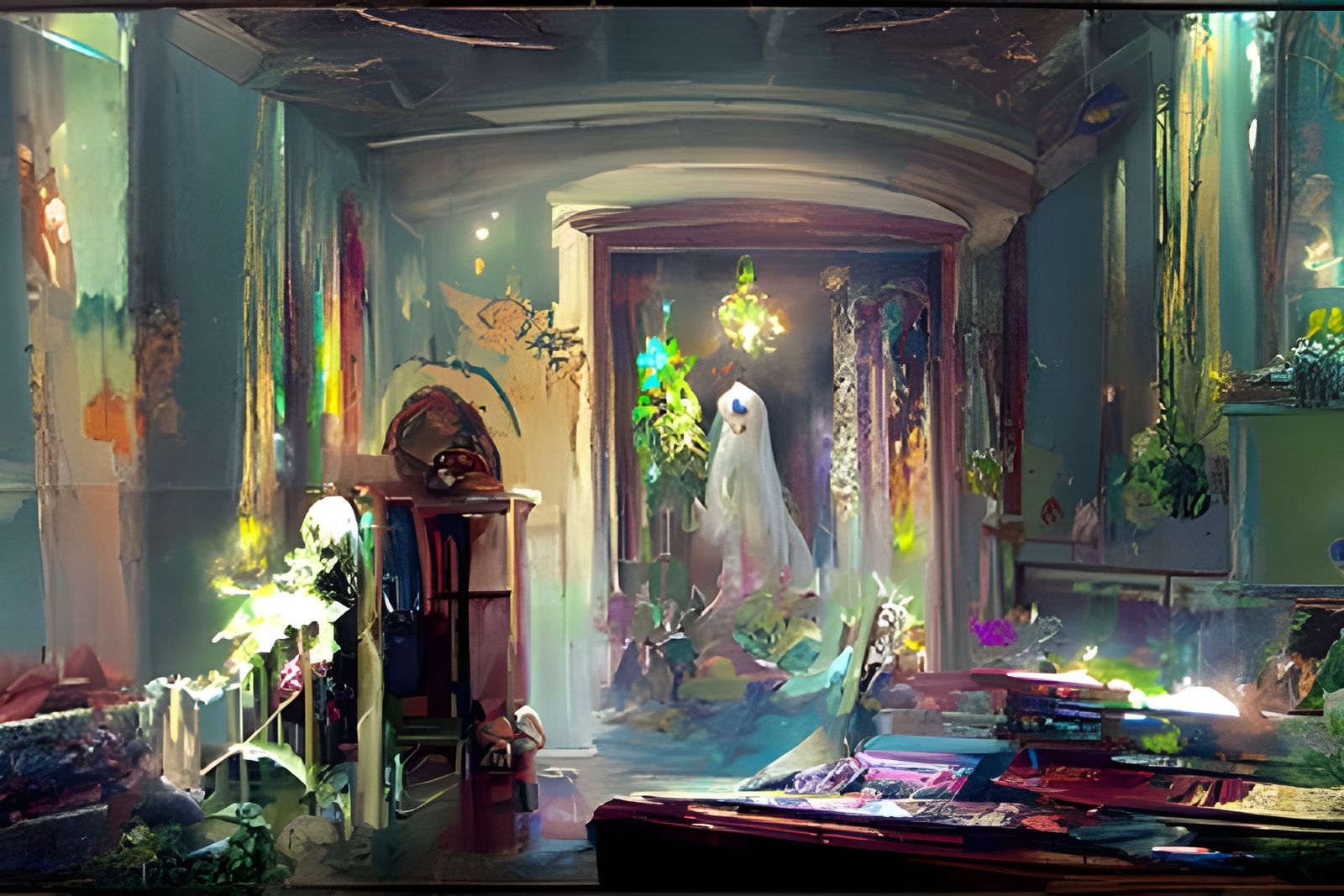 Glowing Ghost in Haunted Castle Interior