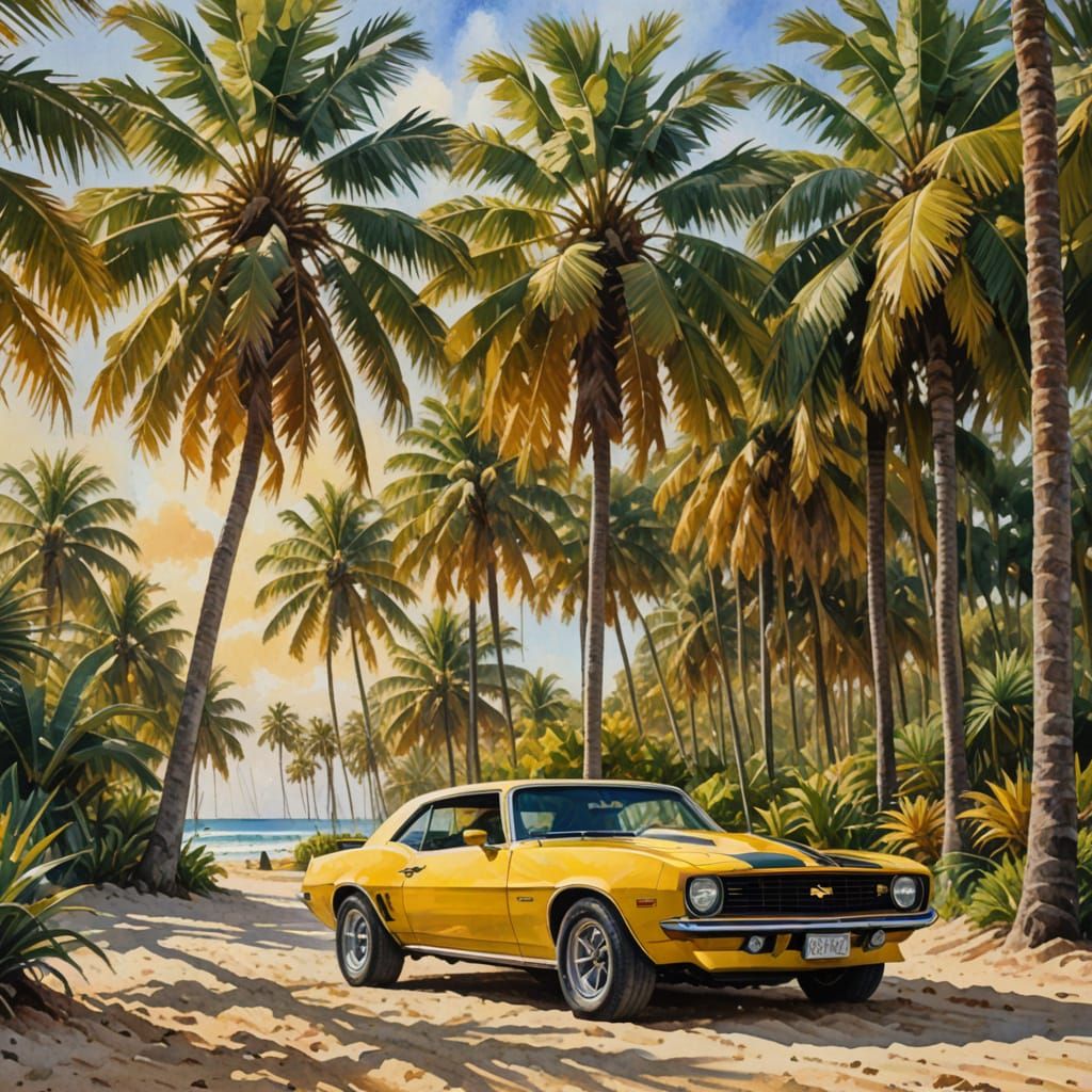 Vibrant Yenko Chevrolet Camaro in a Tropical Oasis