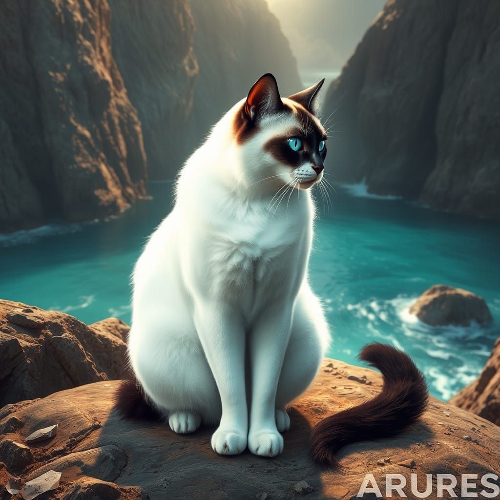 Surreal White Cat Enchants Ocean Cliffs in Golden Light