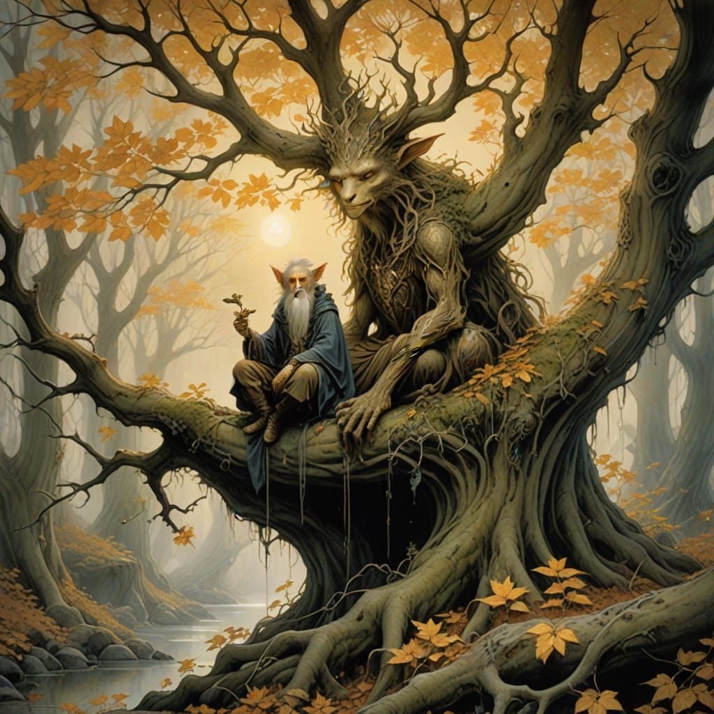 Ancient Tree Radiates Golden Light in Whimsical Landscape