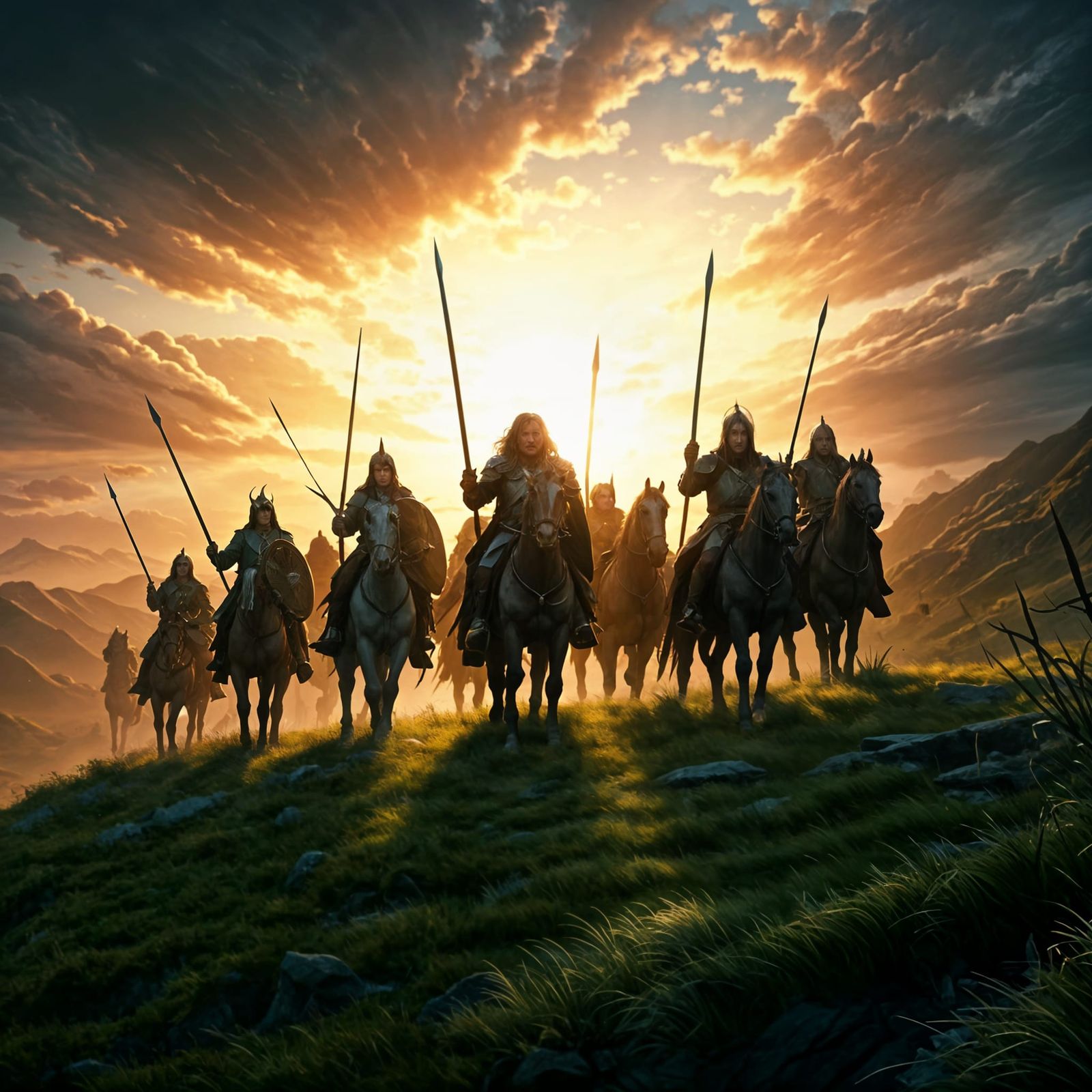 Rohirrim Charge at Dawn: Expressionist Panoramic Painting