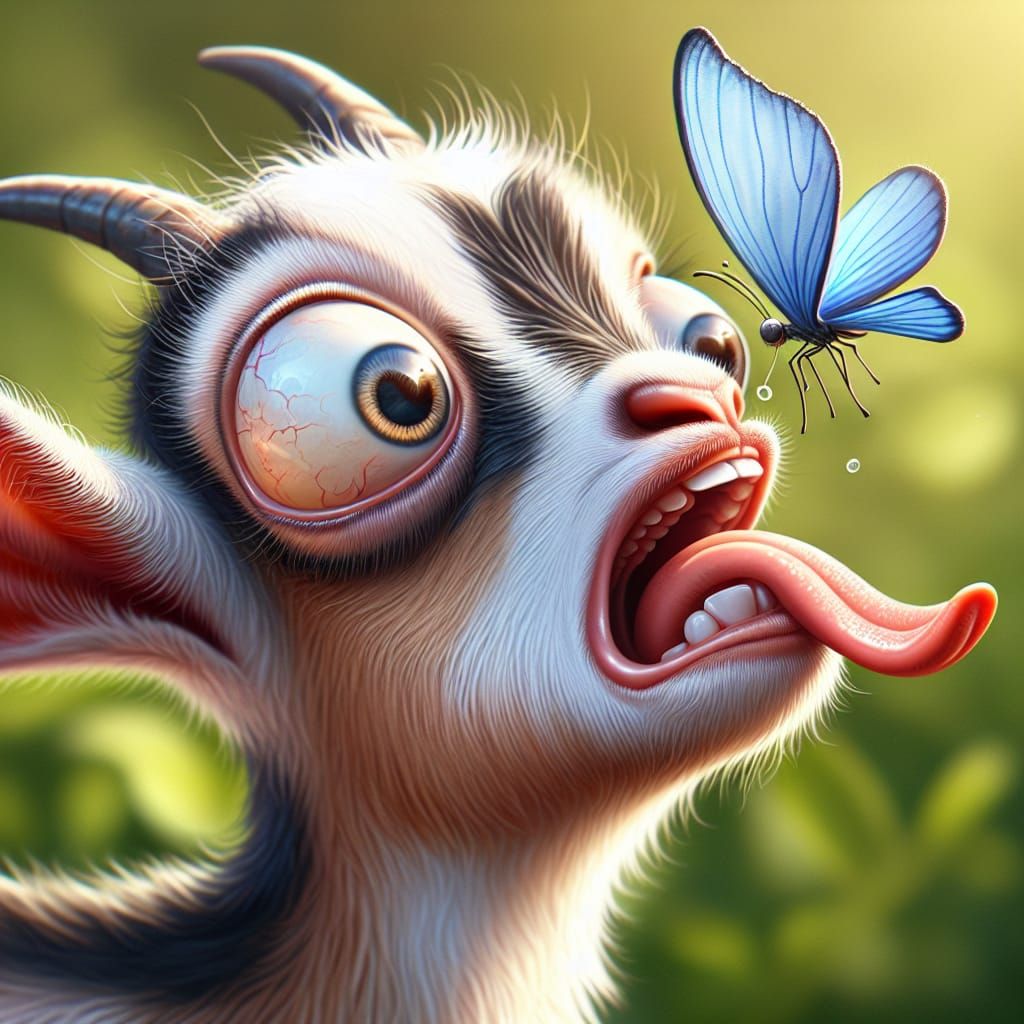 Cartoon Goat's Surprising Butterfly Encounter