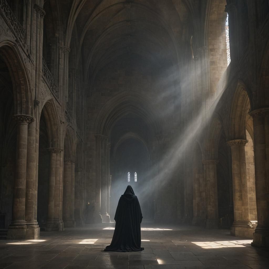 Mysterious Cloaked Figure in Gothic Cathedral