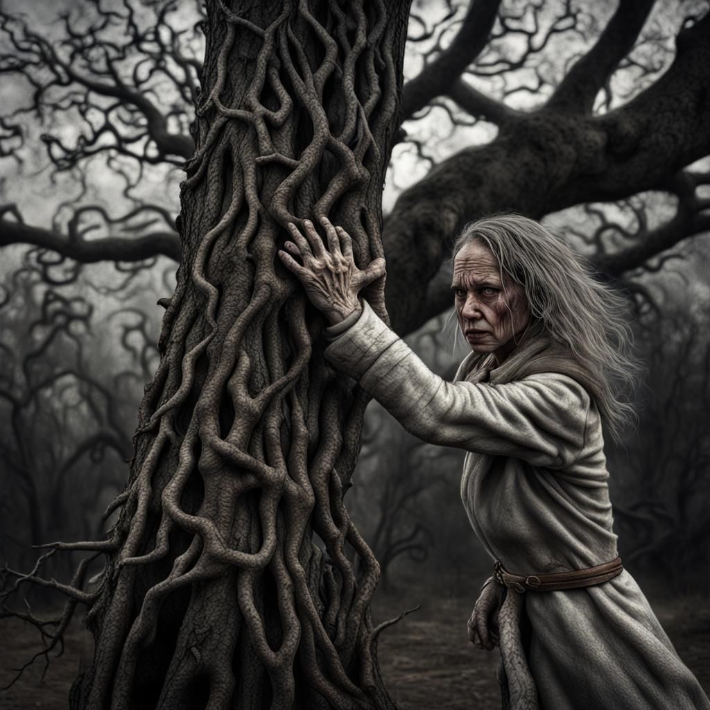 Hyperrealistic Woman Punches Tree with Cinematic Lighting