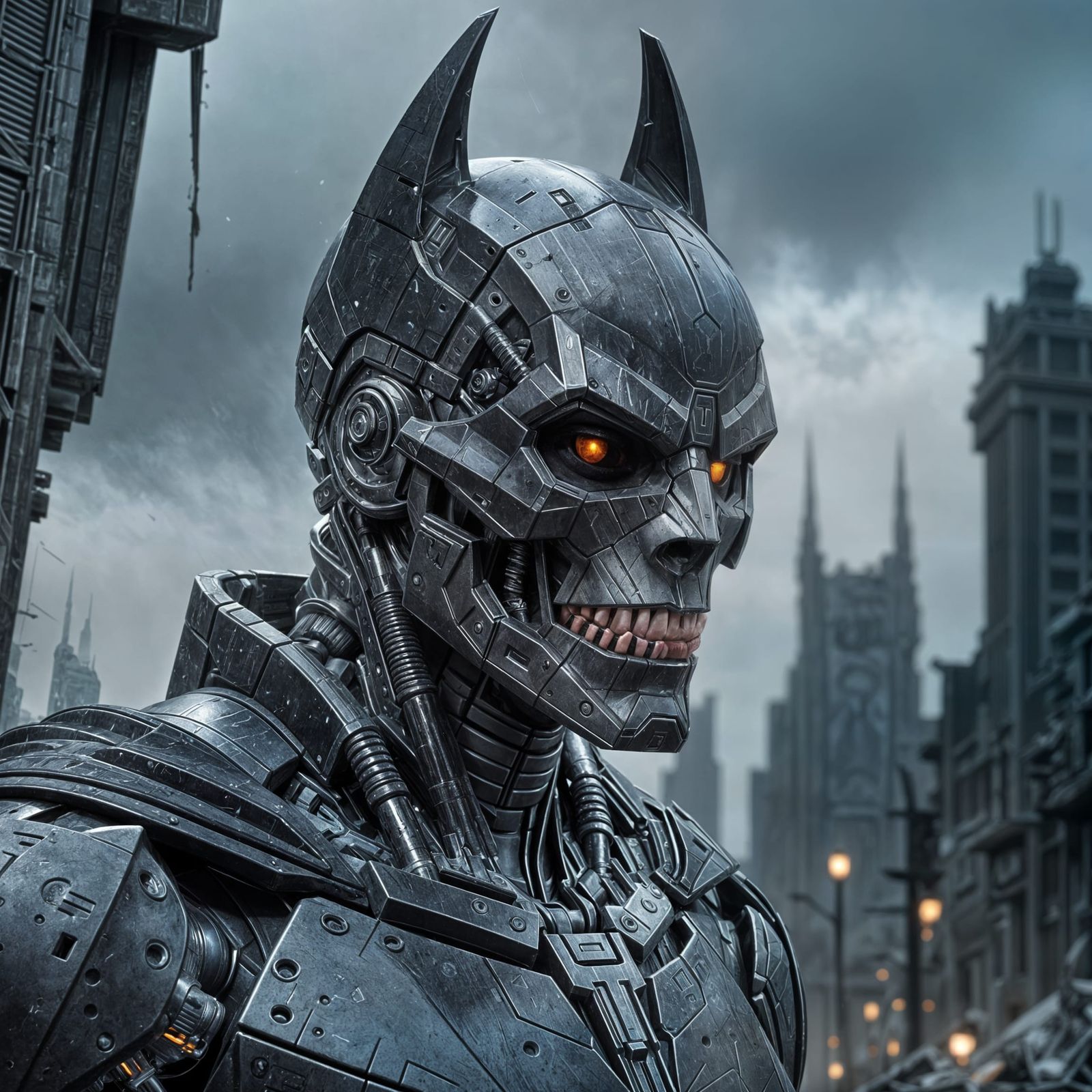 Hi-Tech Terminator Batman in Dystopian Cityscape