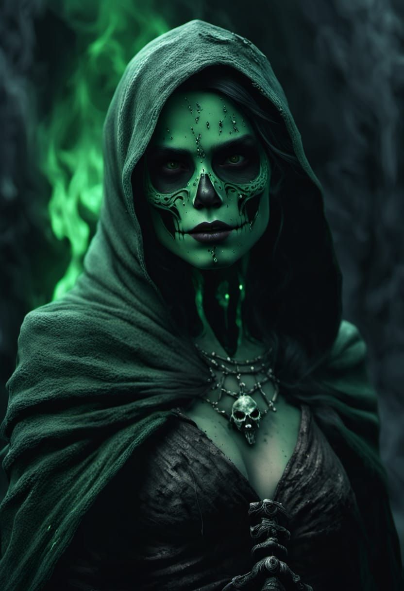 Plague Sorceress in Ruined Village: Dark Fantasy Art