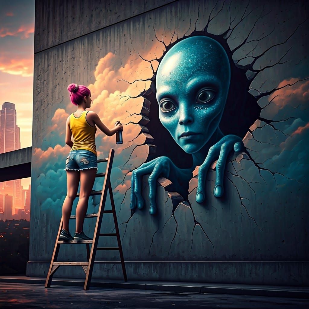 Woman Creates Surreal Graffiti Art with Alien