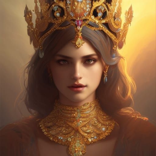Majestic Jeweled Crown: Art Nouveau Digital Portrait