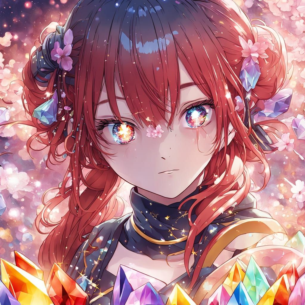 Anime Girl with Cherry Blossom Eyes and Crystals