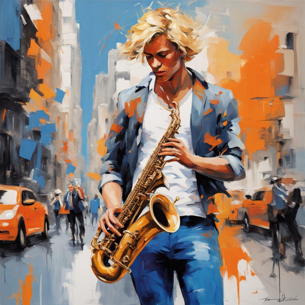 Impressionistic Painting of Saxophone Player on City Street