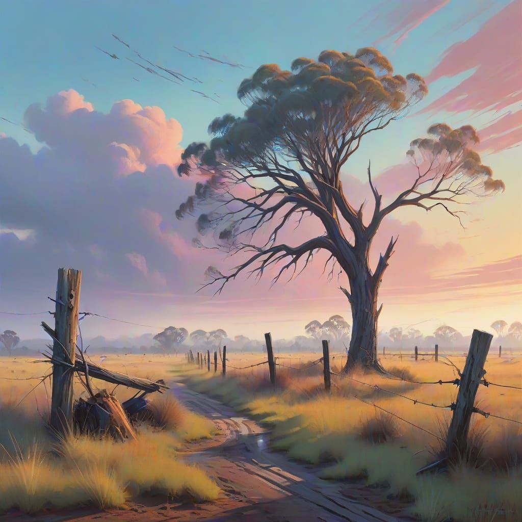 Twisted Casuarina Tree in Australian Dawn Landscape