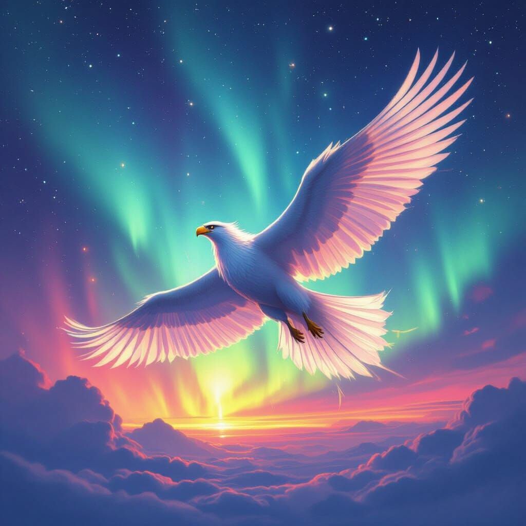 Griffin Soaring Through Aurora Sky as Digital Art