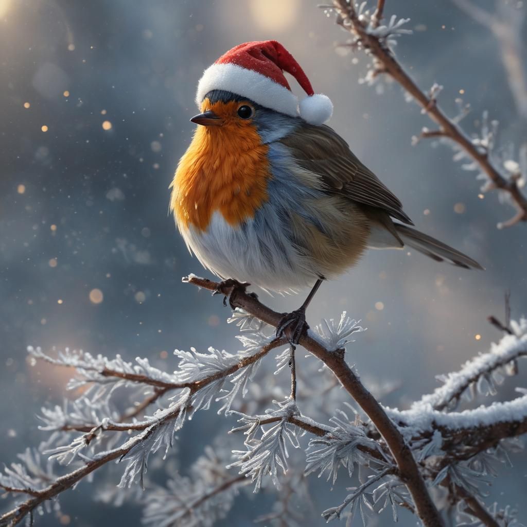Robin with Santa Hat in Art Nouveau Style