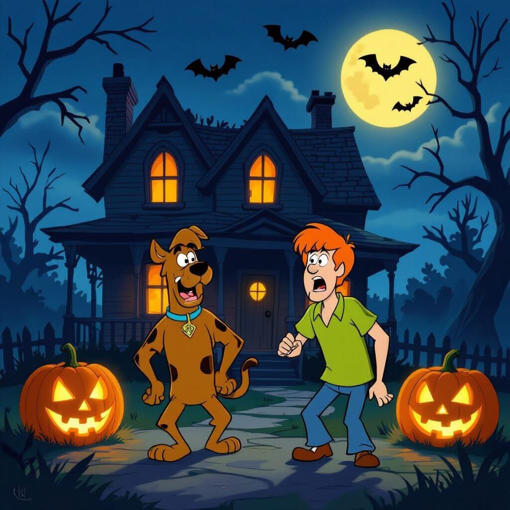 Scooby Doo and Shaggy Approach Spooky House with Glowing Pum...