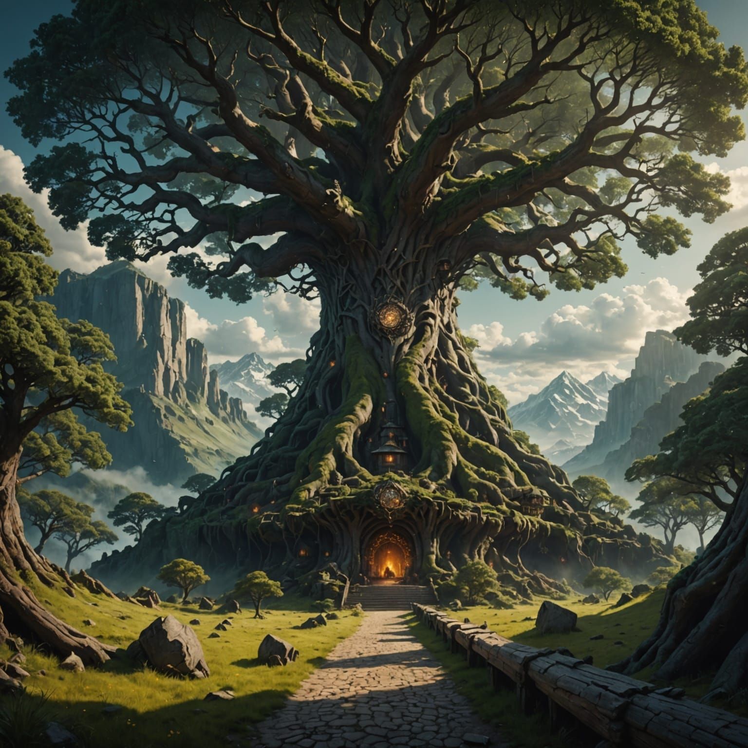 Epic Digital Painting of Yggdrasil and Shamanic Circle