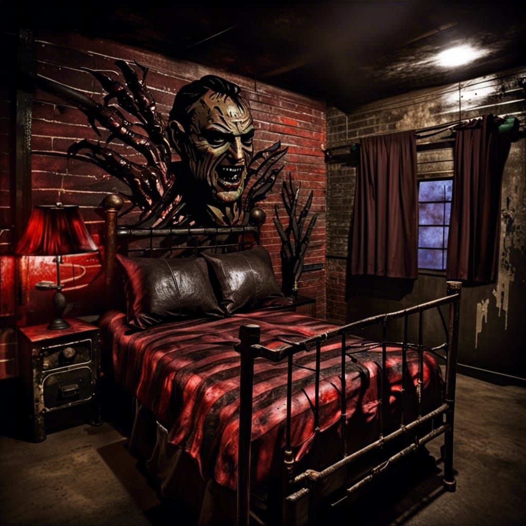 Old steel mill Freddy Krueger style bedroom: Freddy Krueger themed bedroom| metal bed: knife sharp bedroom furniture: ho...
