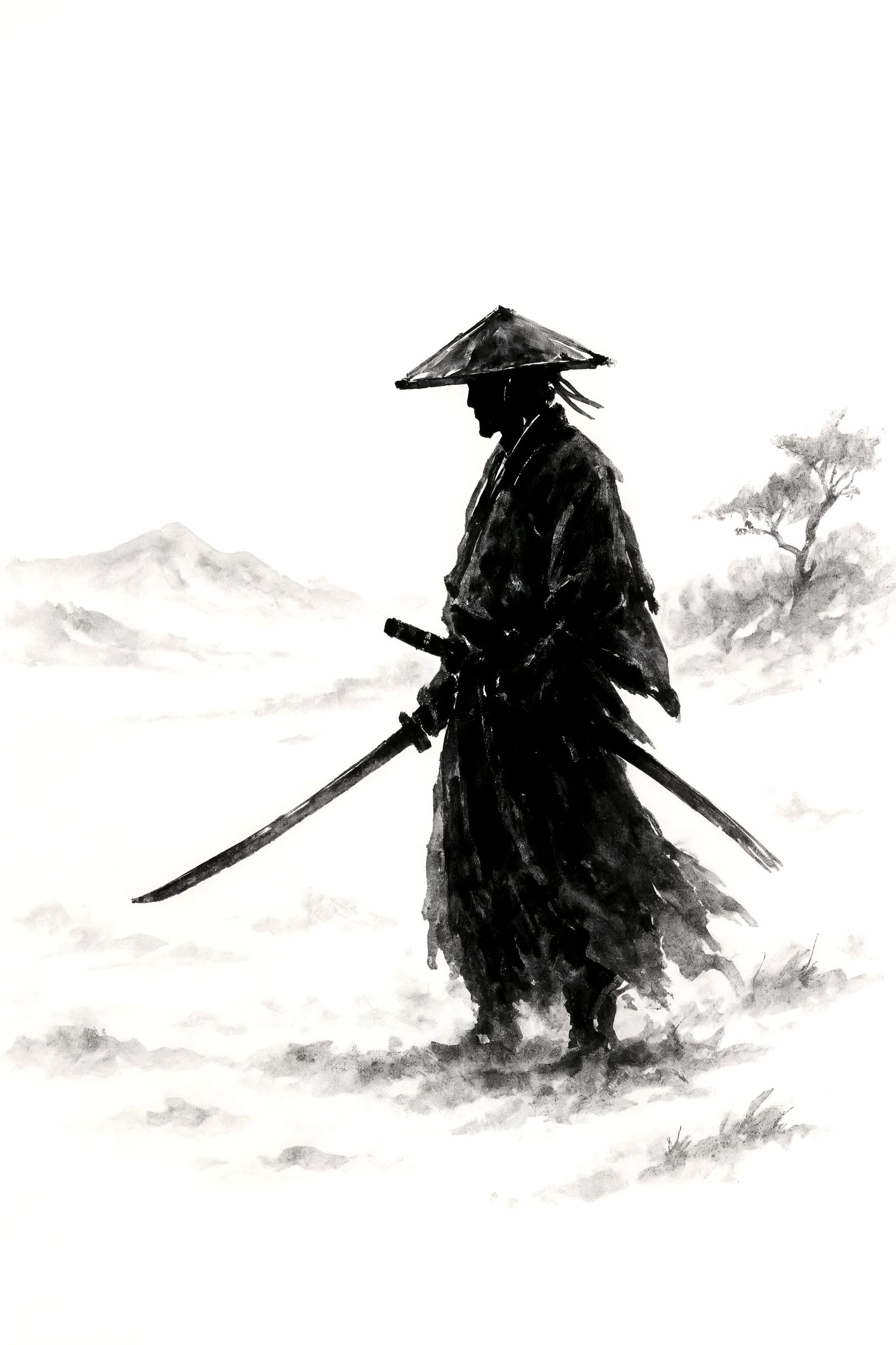 Lone Samurai in Winter Landscape Sumi-e Painting