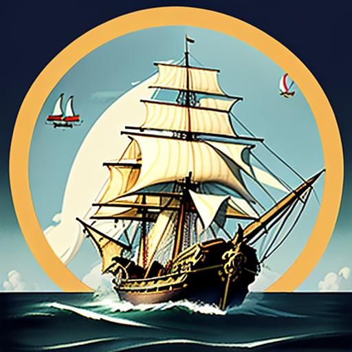 A galleon ship, the sails have a banana circled on red with ...