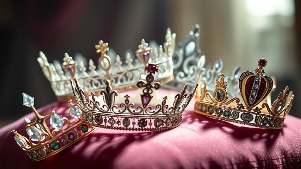 Ornate Crowns and Tiaras on Velvet Cushion