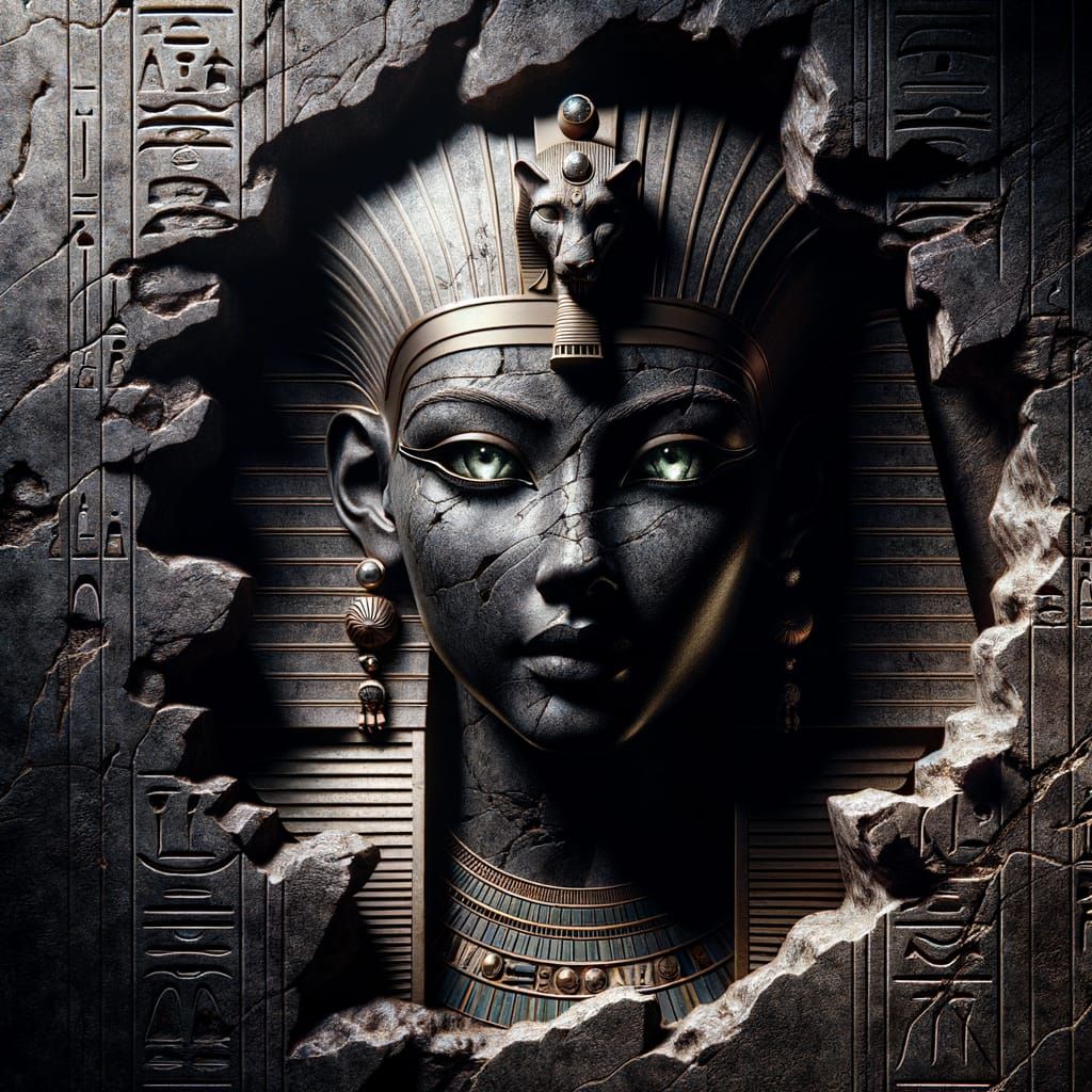 Ancient Egyptian Queen in Dark Granite Bas-Relief