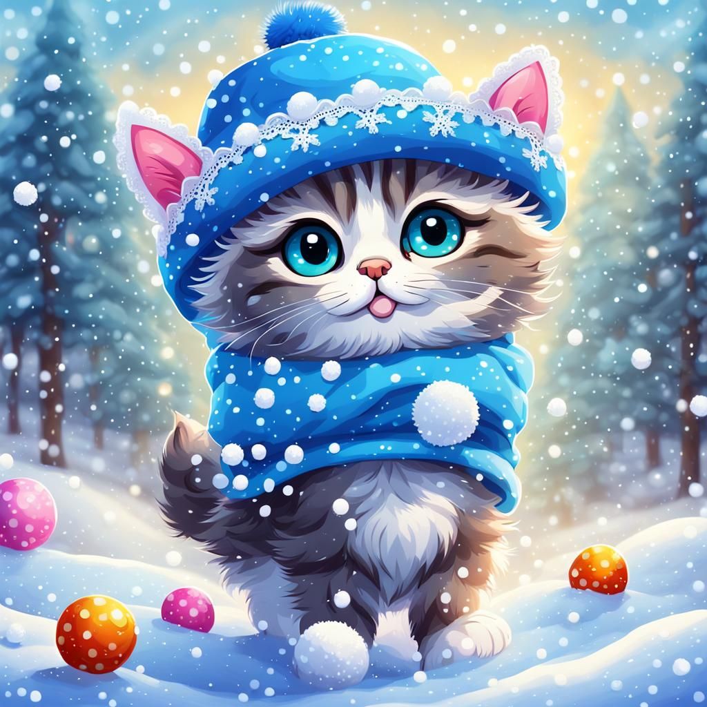 Cute Cartoon Cat Dancing in Snow, Candy Art
