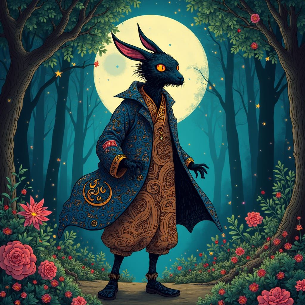 Mysterious Yōkai in Moonlit Forest, Anime Style