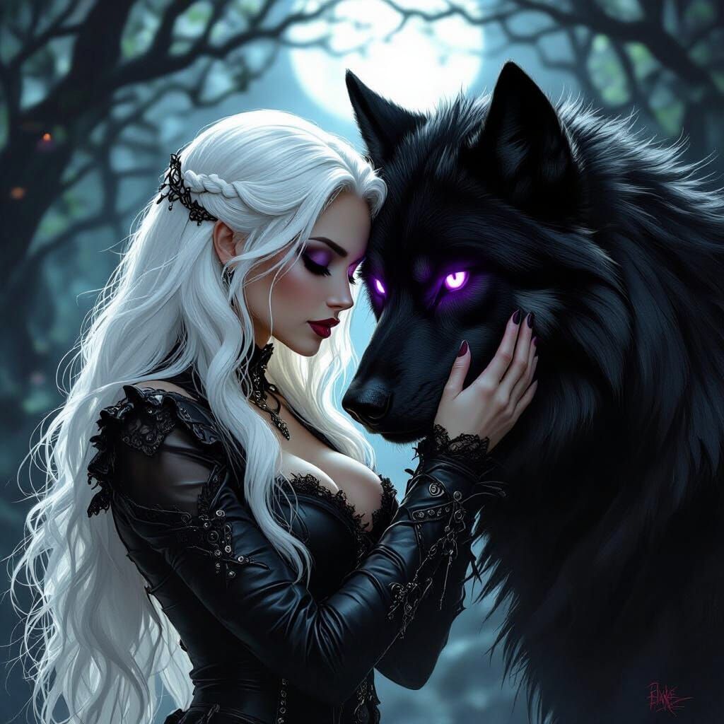 Vampire Embraces Direwolf in Moonlit Forest