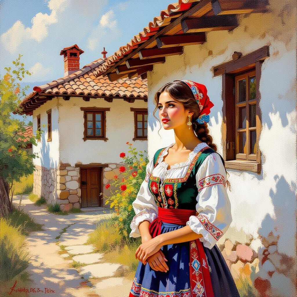 Bulgarian Woman in Traditional Attire Before Rustic House Oi...