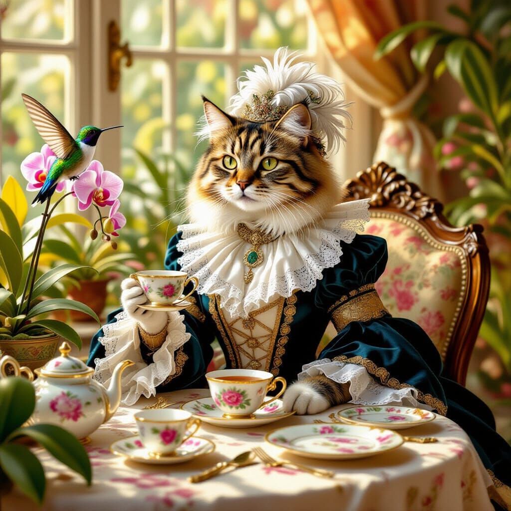 Baroque Cat Tea Party in Conservatory