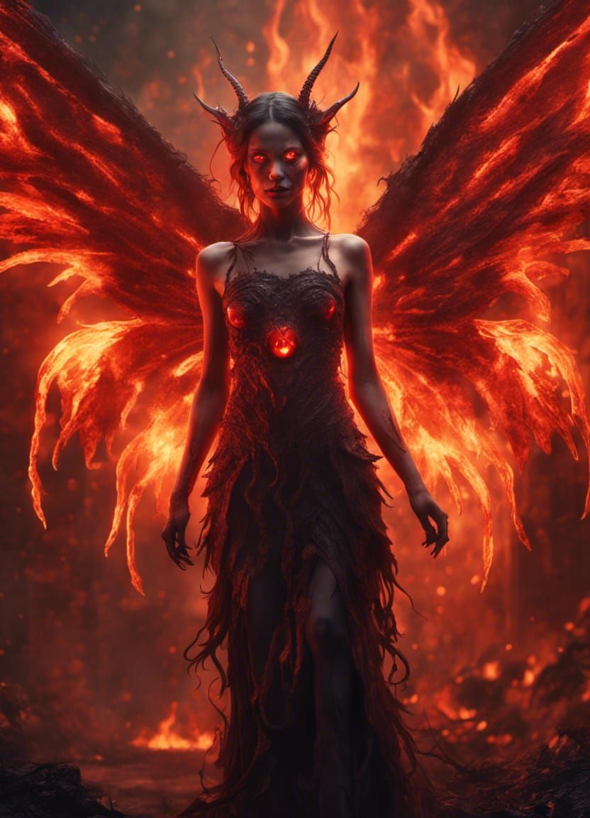 Beautiful Demon Fairy with Burning Wings in Hell