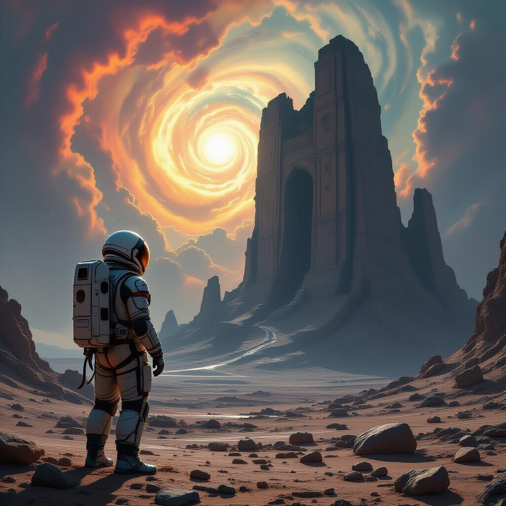 Astronaut Explores Ancient Alien Ruins Amidst Nebula