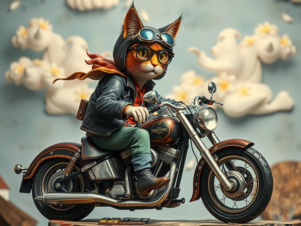 Folk Art Masterpiece: Whimsical Biker Cat on Harley