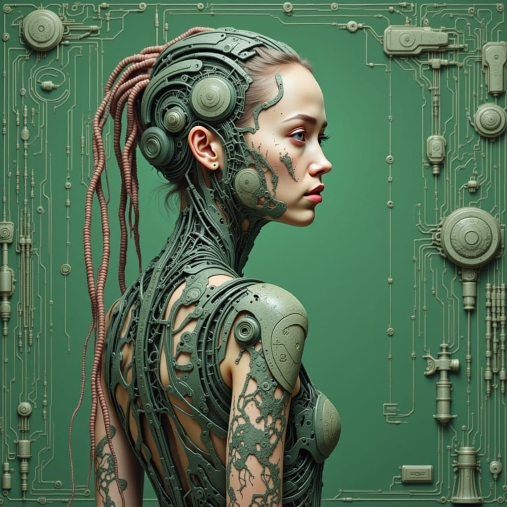 Cyborg Woman with Circuit Tattoos in Giger Style